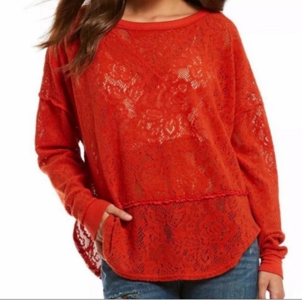 Free People‎ Fiesta Oversized Red Lace Sweater Size XS